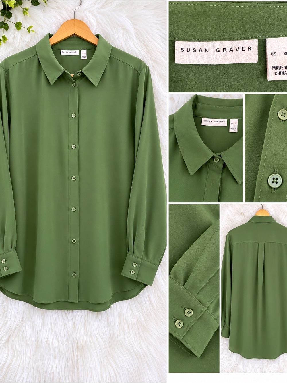 Susan Graver Olive Green Long-Sleeve Button-Front Blouse